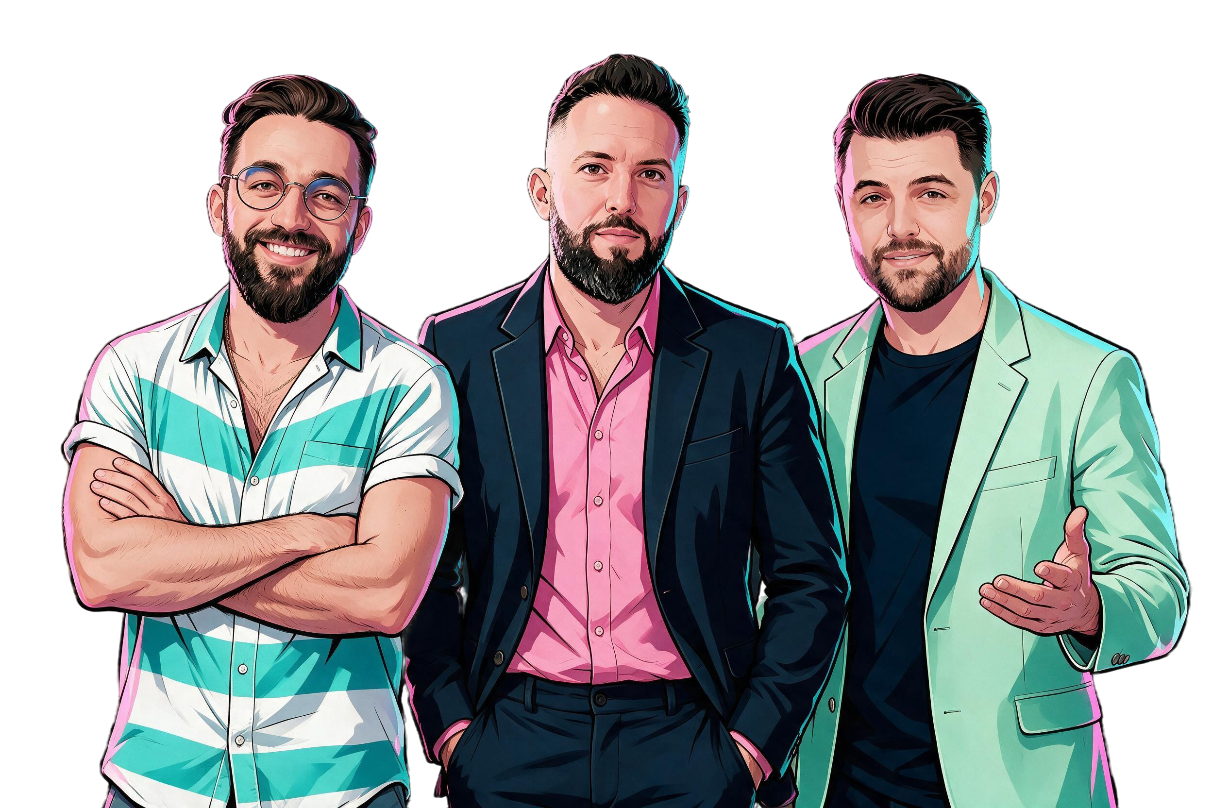 Illustrated portraits of Skale mentors Nick Shackelford, Jason Applebaum, and Jordan Menard
